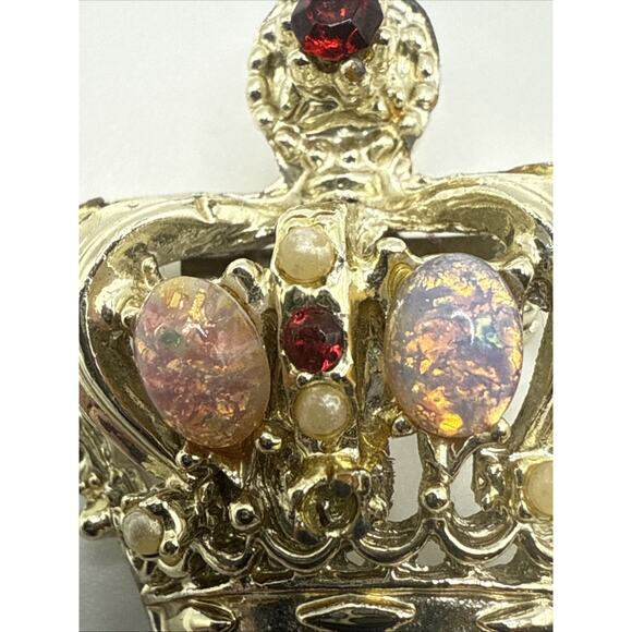 Vintage Crown Brooch Gold Tone Rhinestone Simulated Opal Cabochon LOOK READ - Picture 4 of 8